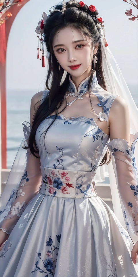  (Good structure), DSLR Quality,Depth of field ,looking_at_viewer,Dynamic pose, , kind smile,
 masterpiece, The best quality, 1girl, luxurious wedding dress, dreamy scene, white background, front viewer, looking at viewer, Flowers, romantic, Bride, Translucent white turban, UHD, 16k, , sparkling dress, , white stockings, , chinese dress,white dress,long hair,
chinese clothes,dress,white dress,floral print,china dress,blue dress,hanfu,long sleeves,print dress,robe,skirt,sleeveless dress,widesleeves, weddingdress, ,  , zhulin