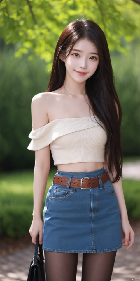  best quality, masterpiece, cowboy_shot,(Good structure), DSLR Quality,Depth of field,kind smile,looking_at_viewer,Dynamic pose,
 1girl, 3d, bare_shoulders, belt, blurry, blurry_background, blurry_foreground, branch, , , , collarbone, *******_photo, denim, denim_skirt, depth_of_field, , lips, long_hair, looking_at_viewer, midriff, miniskirt, motion_blur, navel, outdoors, photo_\(medium\), realistic, skirt, solo, standing, tree, , , , blackpantyhose, , , , , , , lizhien