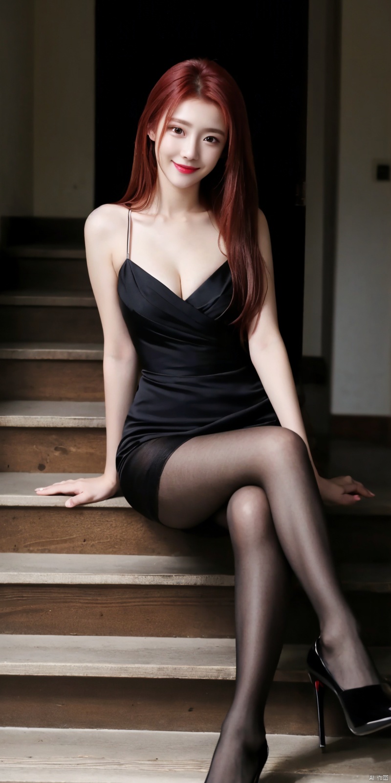  best quality, masterpiece, realistic ,(Good structure), DSLR Quality,Depth of field,kind smile,looking_at_viewer,Dynamic pose, 
1girl, solo, long hair, breasts, black hair, dress, cleavage, medium breasts, sitting, pantyhose, shoes, high heels, see-through, hand on hip, crossed legs, lipstick, stairs, sitting on stairs,  , , , yefei,red hair