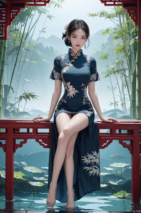  (sunlight, beautiful sky, floating hair, Fisheye lens lens, dynamic angle, distant view, panorama ,overlook,barefoot), ((Ancient_Chinese_architecture)), (short sleeves),with a combination of Morgan colors, Qiu Ying's painting style, And high end color matching, ((A beautiful girl sitting on a bamboo raft in the water, swimming downstream, Huge lotus, rain, (full body), aqua_china_dress)), (bright light,fantasy), ((spotted light)),1 girl, ((black hair, shy, blush)), Detail, , jinchen, chinese dress
