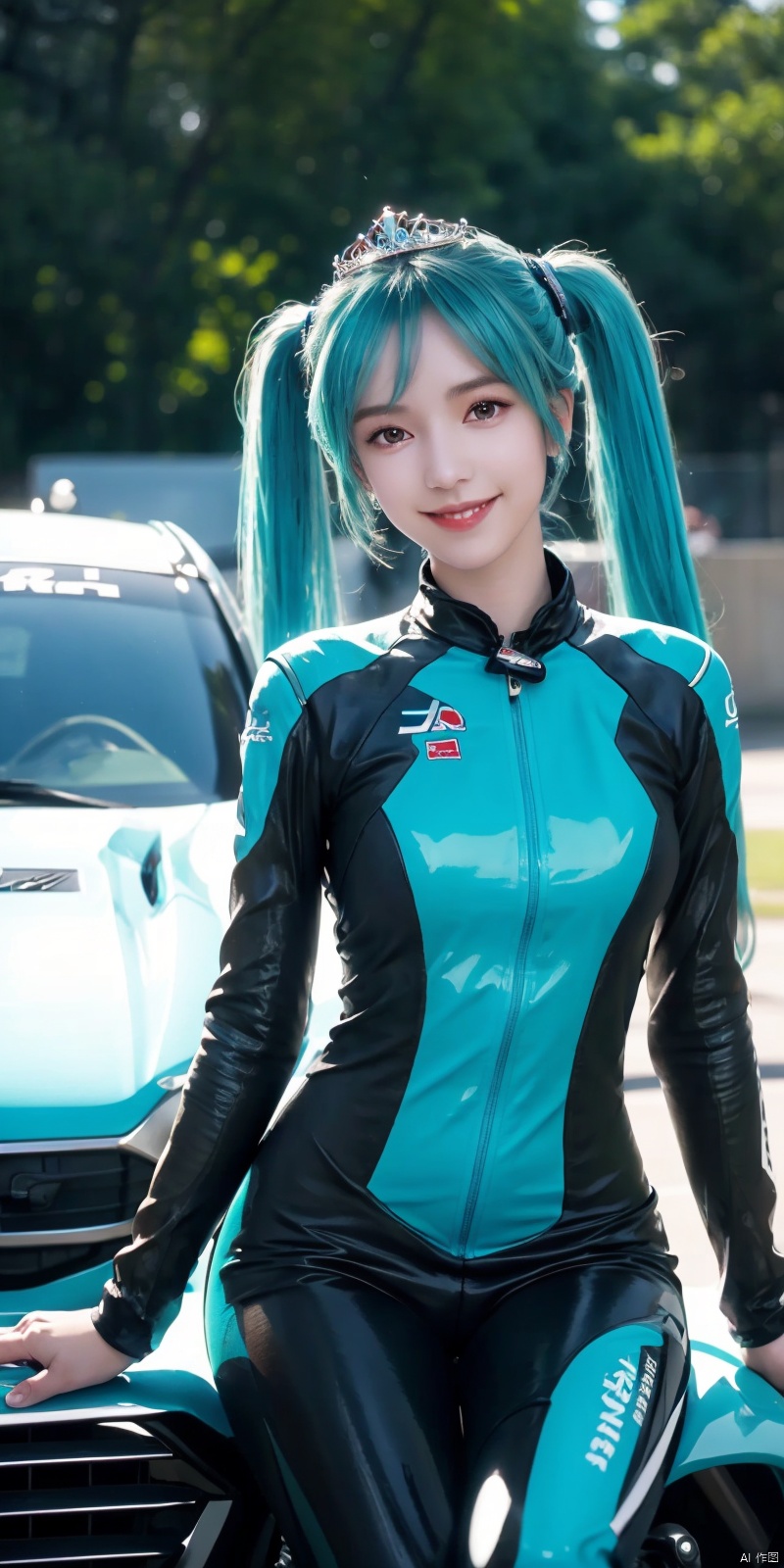  best quality, masterpiece, realistic,cowboy_shot,(Good structure), DSLR Quality,Depth of field,kind smile,looking_at_viewer,Dynamic pose, 
1girl, hatsune miku, solo, best quality, gradient background, vehicle focus, sitting, aqua eyes, very long hair, aqua hair, twintails, breasts, bodysuit, ground vehicle, car, crown, motorcycle, race queen