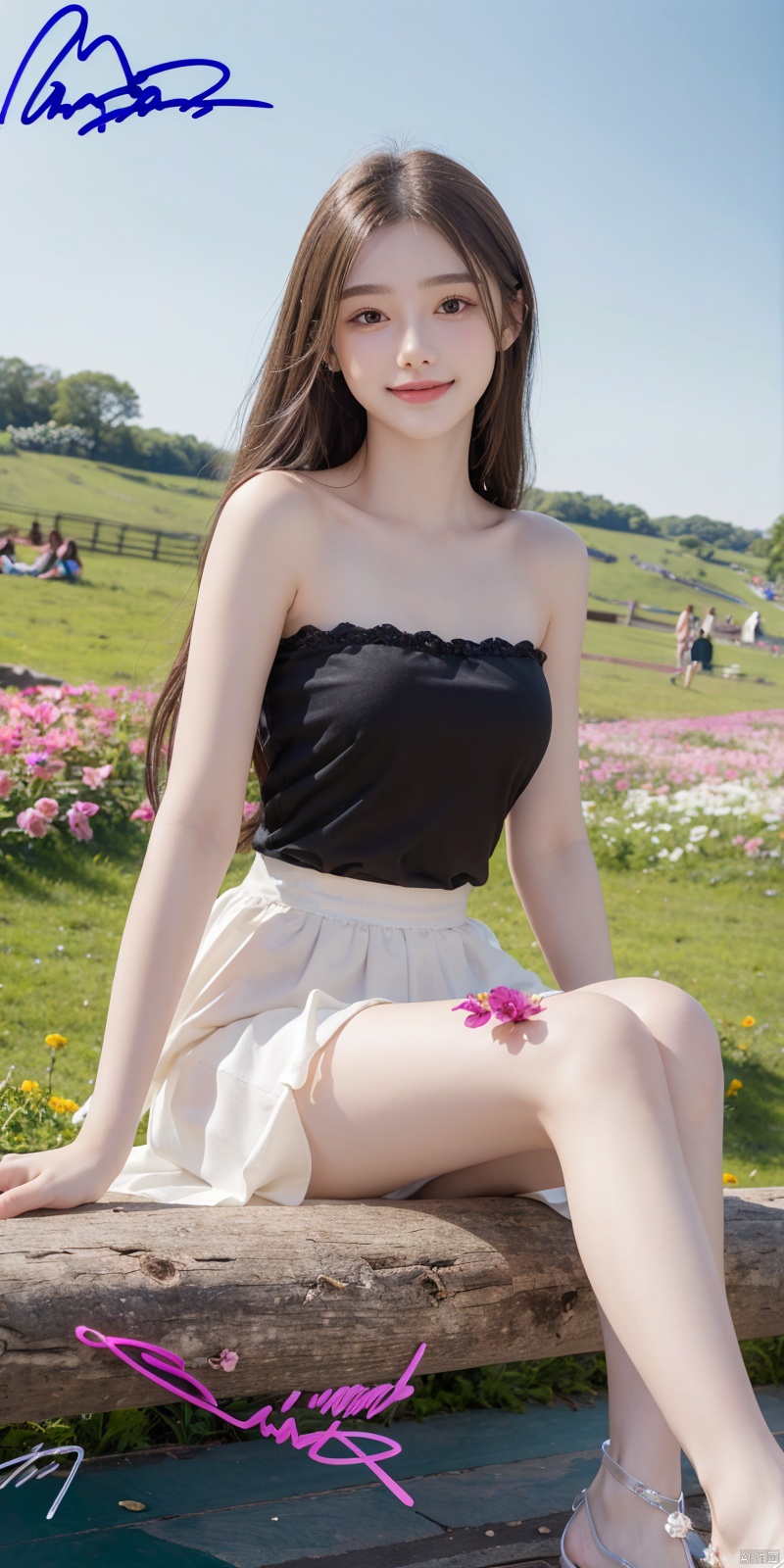  (Good structure),cowboy_shot, DSLR Quality,Depth of field ,looking_at_viewer,Dynamic pose, , kind smile,
best quality, masterpiece, illustration, (reflection light), incredibly absurdres, ((Movie Poster), (signature:1.3), (English text), 1girl, girl middle of flower, pure sky,clear sky, outside, collarbone, sitting, absurdly long hair, clear boundaries of the cloth, white dress, fantastic scenery, ground of flowers, thousand of flowers, colorful flowers, flowers around her, various flowers,bare shoulders,skirt, sandals,,, , tasha