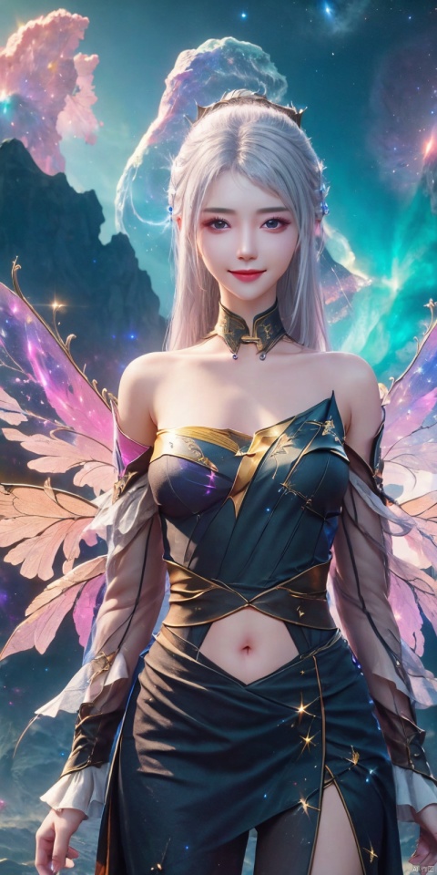  best quality, masterpiece, cowboy_shot,(Good structure), DSLR Quality,Depth of field,kind smile,looking_at_viewer,Dynamic pose, 
, 1girl, wings, solo, nebula wings, , long hair, navel, dress, pink wings, looking at viewer, star \(sky\), , , bare shoulders, sky, starry sky, collarbone, realistic, nebula,,, , xuancaiqun, , , luoli.white hair ,