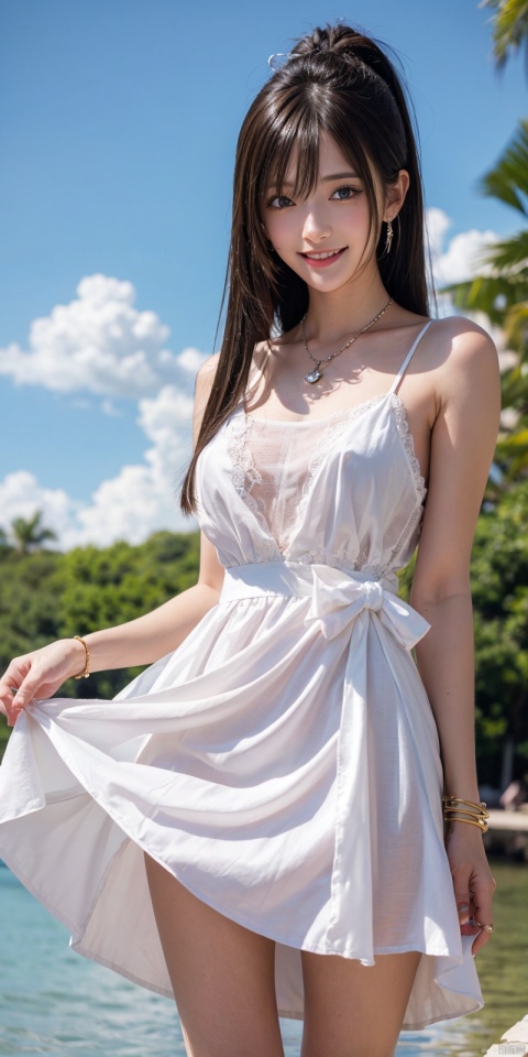  best quality, masterpiece, realistic, ,(Good structure), DSLR Quality,Depth of field,kind smile,looking_at_viewer,Dynamic pose, 
1girl, solo, long hair, breasts, looking at viewer, blush, , bangs, blue eyes,, dress, bow, , bare shoulders, jewelry, very long hair, collarbone, ponytail, white hair, hair bow, thighs, outdoors, sky, sleeveless, day, cloud, water, necklace, white dress, hair over one eye, bracelet, blue sky, blue bow, wading, pendant, doll, skirt hold, rainbow, anastasia \(fate\), ,  , linghua