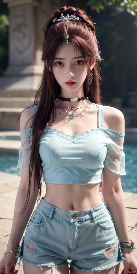  nai3, 1girl, shorts, solo, crop top, black shorts, choker, blue eyes, black hair, navel, shirt, midriff, crop top overhang, looking at viewer, white shirt, jewelry, breasts, cowboy shot, bare shoulders, short shorts, off-shoulder shirt, off shoulder, black choker, thighs, stomach, hand on own thigh, long hair, bracelet, short sleeves, ribbon, hand up, collarbone, hair ribbon, medium breasts, standing, high-waist shorts, dolphin shorts, bra strap, closed mouth, hair ornament, thigh gap, bangs, necklace, expressionless, , yeqinxian