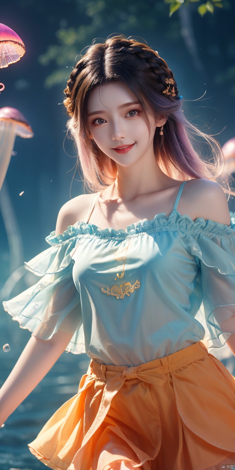  best quality, masterpiece, cowboy_shot,(Good structure), DSLR Quality,Depth of field,kind smile,looking_at_viewer,Dynamic pose, 
Colorful Girl, 1Girl,Colorful jellyfish, colorful jellyfish floating in the air,Close shot, large jellyfish on head, front, upper body, above thighs, blue tank top dress, complex fluid shaped colored short skirt at waist, off shoulder, colorful print, looking at the camera, colored gradient hair, dark gradient background, depth of field, glow, hand101, 1girl, jiangli