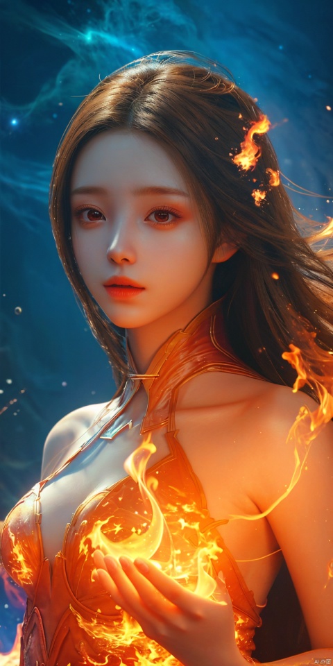  masterpiece, 1 girl, Look at me, Long hair, Flame, A magical scene, glowing, Floating hair, realistic, Nebula, An incredible picture, The magic array behind it, Stand, textured skin, super detail, best quality, ,,dress, , xuner