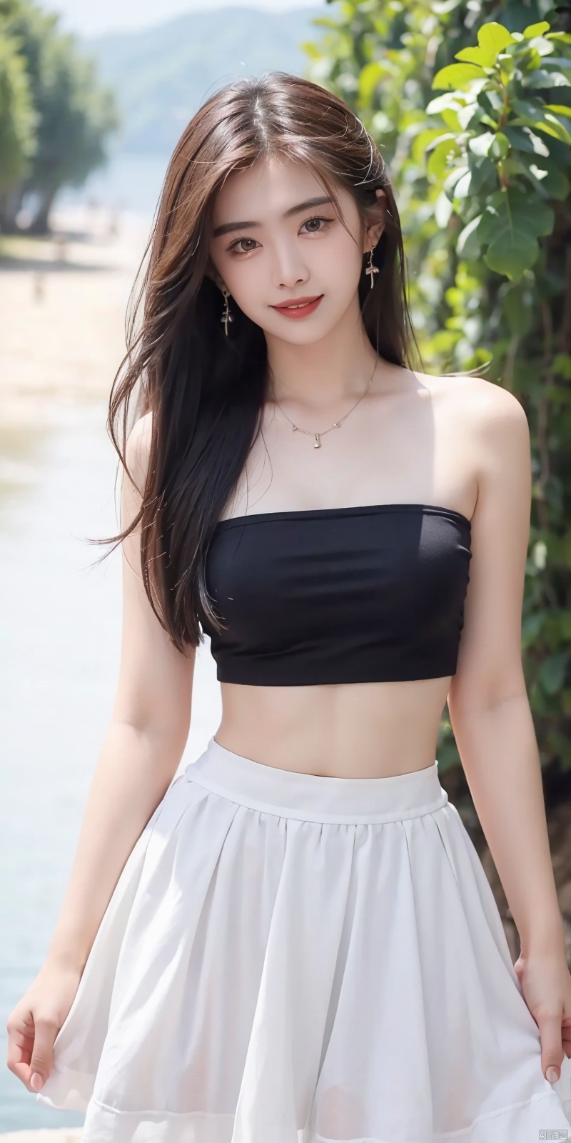  (Good structure),cowboy_shot, DSLR Quality,Depth of field ,looking_at_viewer,Dynamic pose, , kind smile,,
1girl, solo, long hair, , looking at viewer, skirt, hair ornament, bare shoulders, jewelry, , black hair, earrings, outdoors, midriff, water, necklace, lips, crop top, grey eyes, leaning forward, ocean, white skirt, strapless vest, sunset, sun, wangzuxian, molika