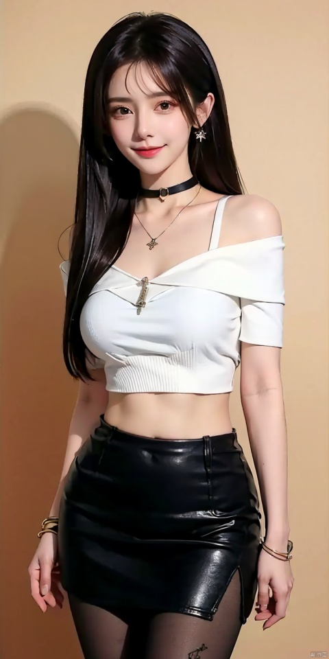  nai3, 1girl, solo, crop top, choker, miniskirt , navel, shirt, midriff, crop top overhang, looking at viewer, white shirt, jewelry, breasts, cowboy shot, bare shoulders, off-shoulder shirt, off shoulder, black choker, thighs, stomach, hand on own thigh, long hair, bracelet, short sleeves, ribbon, hand up, collarbone, hair ribbon, medium breasts, standing, , , bra strap, kind smile, hair ornament, thigh gap, bangs, necklace, expressionless,,blackpantyhose, , Dynamic pose,, , yaoye