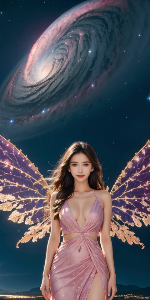 (Good structure), DSLR Quality,Depth of field,kind smile,looking_at_viewer,Dynamic pose, 1girl, wings, solo, nebula wings, breasts, , long hair, navel, dress, pink wings, looking at viewer, star \(sky\), , , bare shoulders, sky, starry sky, collarbone, realistic, nebula, ((poakl)),, sufei, angel