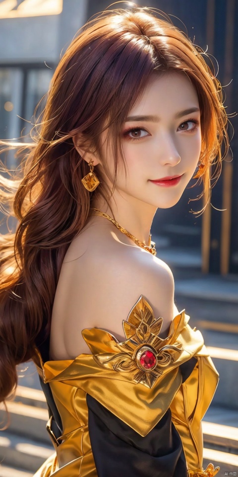 best quality, masterpiece, (cowboy shot),(Good structure), DSLR Quality,Depth of field,kind smile,looking_at_viewer,Dynamic pose, 
 1girl,Bangs, off shoulder, colorful_hair, ((colorful hair)), yellow eyes,  , necklace, earrings, floating hair, jewelry, sleeveless, very long hair,Looking at the observer, parted lips, pierced,energy,electricity,magic, ,sssr, , (gold armor),   yefei,red_hair