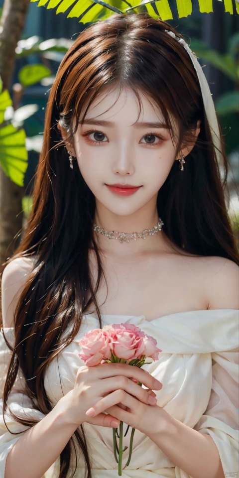  A girl, silk, cocoon, spider web, Solo, Complex Details, Color Differences, Realistic, (Moderate Breath), Off Shoulder, Pink Long Hair, White Headwear, Hair Above One Eye, Green Eyes, Earrings, Sharp Eyes, Perfect Fit, Choker, Dim Lights, cocoon, transparent, jiBeauty, 1girl, flowers, mtianmei, Look at the camera., flowing skirts, Giant flowers, good hands, dofas, lizhien, ((poakl)), Light master,kind smile