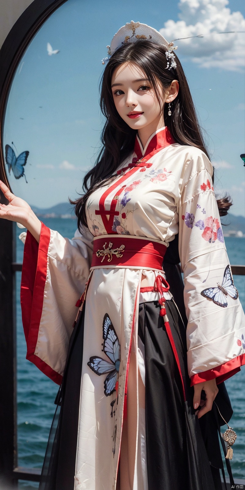  best quality, masterpiece, (cowboy_shot),(Good structure), DSLR Quality,Depth of field,kind smile,looking_at_viewer,Dynamic pose, line art,line style,as style,best quality,masterpiece, The image features a beautiful anime-style illustration of a young woman. She has long black hair and is dressed in a traditional Chinese outfit. The outfit consists of a white top with blue and purple accents, a long skirt, and a butterfly-shaped mirror in her hand. She stands against a backdrop of a clear blue sky and a body of water, with butterflies fluttering around her. AI painting pure tag structure: anime, art, illustration, traditional clothes, blue, white, long hair, black hair, butterfly, mirror, sky, water, , chineseclothes, zhangyuxi