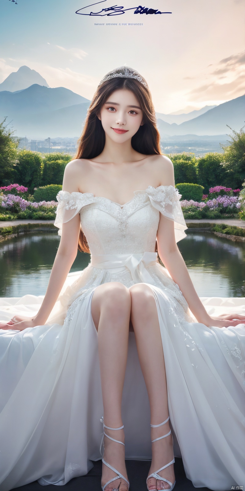  ,(Good structure), DSLR Quality,Depth of field,kind smile,looking_at_viewer,Dynamic pose,,
 best quality, masterpiece, illustration, (reflection light), incredibly absurdres, ((Movie Poster), (signature:1.3), (English text), 1girl, girl middle of flower, pure sky,clear sky, outside, collarbone, sitting, absurdly long hair, clear boundaries of the cloth, white dress, fantastic scenery, ground of flowers, thousand of flowers, colorful flowers, flowers around her, various flowers,bare shoulders,skirt, sandals,, , weddingdress, , yuechan
