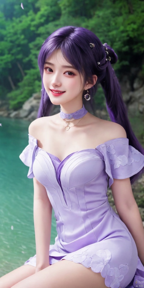  best quality, masterpiece, cowboy_shot,(Good structure), DSLR Quality,Depth of field,kind smile,looking_at_viewer,Dynamic pose, 
1girl, solo, long hair, breasts, looking at viewer, bangs,   hair ornament, dress, ribbon,  , bare shoulders, twintails, jewelry, medium breasts, sitting, very long hair, purple eyes, collarbone, hair ribbon, purple hair, flower, thighs, earrings, outdoors, parted lips, sleeveless, choker, hand up, hair flower, water,  white dress, bare arms, petals,  , sleeveless dress, black choker, short dress, frilled dress, white flower, purple ribbon, spaghetti strap,
 ,purple_hair, , jiziyue
