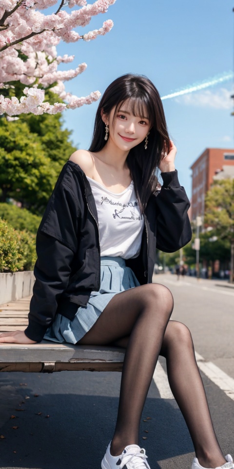  best quality, masterpiece, realistic,,(Good structure), DSLR Quality,Depth of field,kind smile,looking_at_viewer,Dynamic pose, 
 1girl, solo, looking at viewer, smile, , , bangs, skirt, shirt, hair ornament, long sleeves, jewelry, sitting, , jacket,, white shirt,, flower,, pleated skirt, earrings, outdoors, open clothes, sky, shoes, , day, cloud, , off shoulder, black footwear, two-tone hair, open jacket, tree, blue sky, streaked hair, black jacket, bare legs,  white skirt, x hair ornament, plant, cherry blossoms, building, sneakers, pink flower, sign, aircraft, road sign, contrail, traffic light
 , blackpantyhose,yaoye