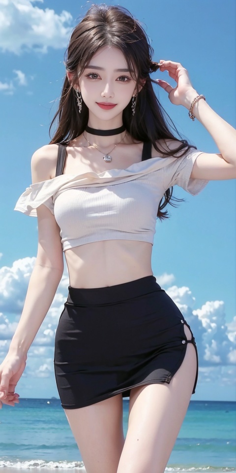  cowboy_shot,(Good structure), DSLR Quality,Short skirt,Blue sky, white clouds, ocean, nai3, 1girl, solo, crop top, , choker, navel, shirt, midriff, crop top overhang, looking at viewer, white shirt, jewelry, breasts, bare shoulders, off-shoulder shirt, off shoulder, black choker, thighs, stomach, long hair, bracelet, short sleeves, ribbon, hand up, collarbone, hair ribbon, medium breasts, , bra strap, , hair ornament, thigh gap, necklace, expressionless, , ,kind smile, , wanglin