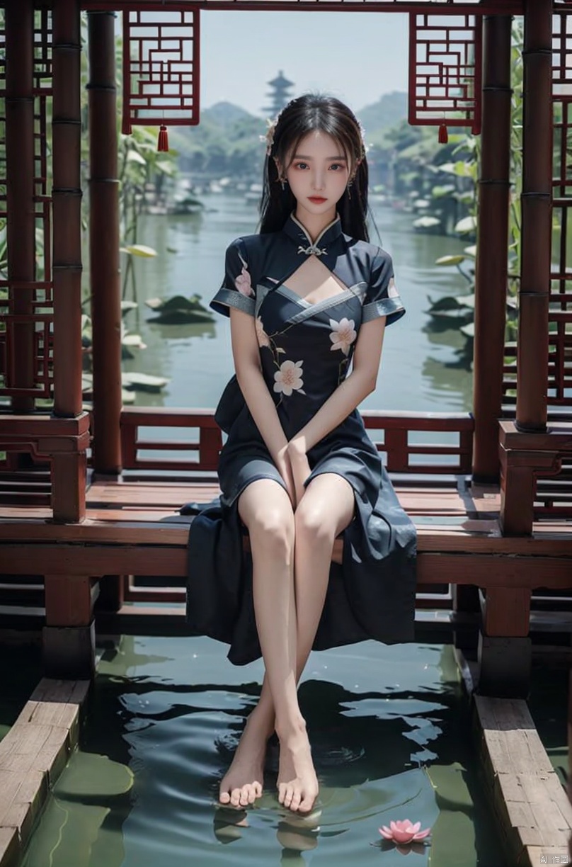  (sunlight, beautiful sky, floating hair, Fisheye lens lens, dynamic angle, distant view, panorama ,overlook,barefoot), ((Ancient_Chinese_architecture)), (short sleeves),with a combination of Morgan colors, Qiu Ying's painting style, And high end color matching, ((A beautiful girl sitting on a bamboo raft in the water, swimming downstream, Huge lotus, rain, (full body), aqua_china_dress)), (bright light,fantasy), ((spotted light)),1 girl, ((black hair, shy, blush)), Detail, , jinchen, chinese dress