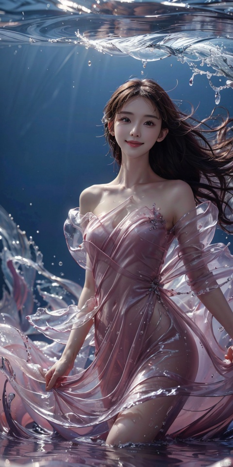  best quality, masterpiece, cowboy_shot,(Good structure), DSLR Quality,Depth of field,kind smile,looking_at_viewer,Dynamic pose, 
(ice art, translucent forms, ephemeral beauty, crystalline textures, delicate craftsmanship, chilling allure),sea,wave,liquid clothes,dress, water dress,,pose for picture,long_hair,kind smile,, liquid clothes, , sd mai, linzhiling