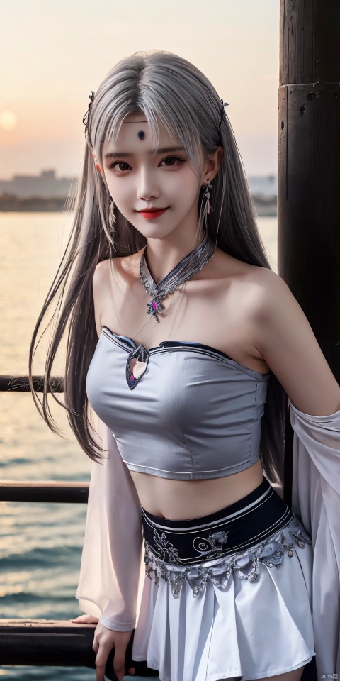  best quality, masterpiece, realistic,cowboy_shot,(Good structure), DSLR Quality,Depth of field,kind smile,looking_at_viewer,Dynamic pose, 
1girl, solo, long hair, , looking at viewer, skirt, hair ornament, bare shoulders, jewelry, , black hair, earrings, outdoors, midriff, water, necklace, lips, crop top, grey eyes, leaning forward, ocean, white skirt, strapless vest, sunset, sun, , , ,  , xiaoyixian,white hair
