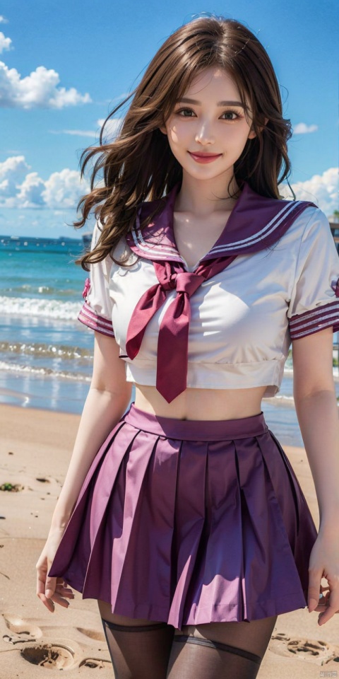  cowboy shot,(Good structure), DSLR Quality,Blue sky and white clouds on the beach,(high-detail skin) , 8K ultra-hd, , high quality, high resolution,(photo realistic: 1.3) 
, sailor senshi uniform,pink bow,pink necktie,pink sailor collar,pinkskirt,black pantyhose, , ,kind smile,  nazha, ((poakl))