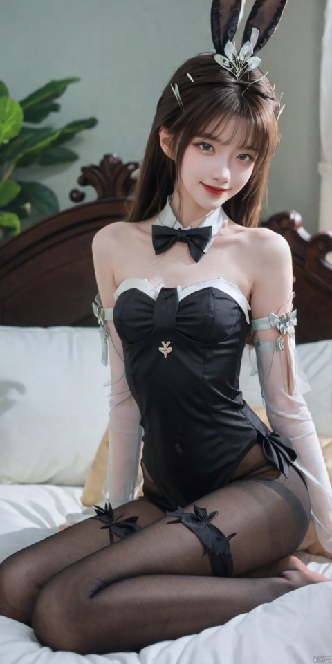  (Good structure), DSLR Quality,Depth of field ,looking_at_viewer,Dynamic pose, , kind smile,,
1girl, solo, long hair, breasts, looking at viewer, bangs, blue eyes, blonde hair, bow, ribbon, animal ears, bare shoulders, twintails, sitting,, hair ribbon, pantyhose, small breasts, bowtie, rabbit ears, leotard, lips, pillow, wrist cuffs, black pantyhose, strapless, bed, black bow, detached collar, fake animal ears, no shoes, playboy bunny, black bowtie, white leotard, marie rose, , , ,  , yanruyu