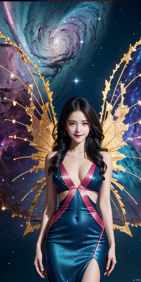  babata,blue hair,blue eyes,(Good structure), DSLR Quality,Depth of field,kind smile,looking_at_viewer,Dynamic pose, 1girl, wings, solo, nebula wings, breasts, , long hair, navel, dress, pink wings, looking at viewer, star , , , bare shoulders, sky, starry sky, collarbone, realistic, nebula, ((poakl)),,, blue dress,