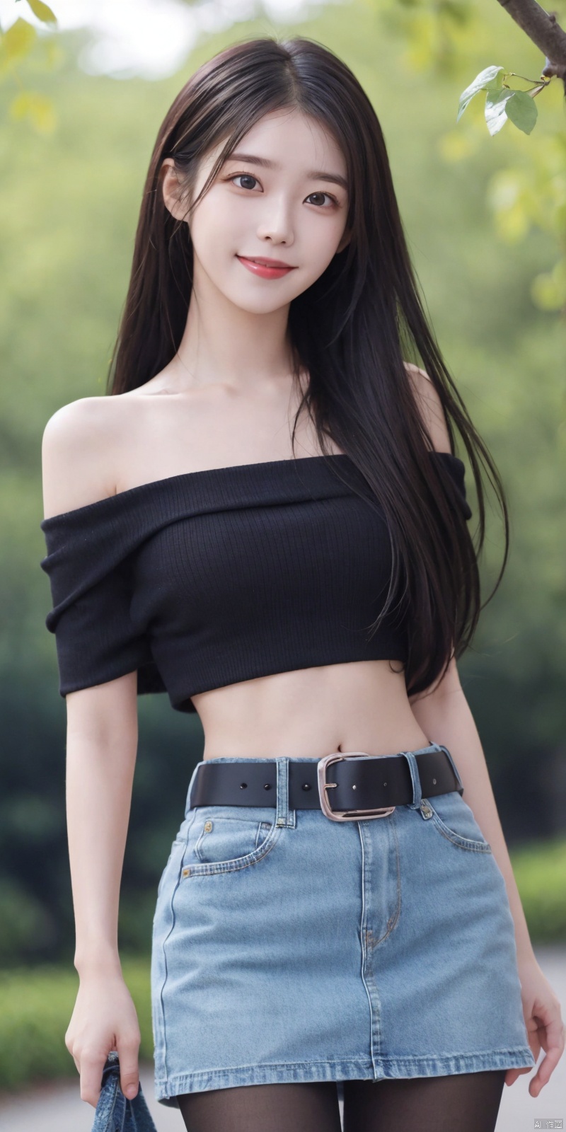  best quality, masterpiece, cowboy_shot,(Good structure), DSLR Quality,Depth of field,kind smile,looking_at_viewer,Dynamic pose,
 1girl, 3d, bare_shoulders, belt, blurry, blurry_background, blurry_foreground, branch, , , , collarbone, *******_photo, denim, denim_skirt, depth_of_field, , lips, long_hair, looking_at_viewer, midriff, miniskirt, motion_blur, navel, outdoors, photo_\(medium\), realistic, skirt, solo, standing, tree, , , , blackpantyhose, , , , , , , lizhien