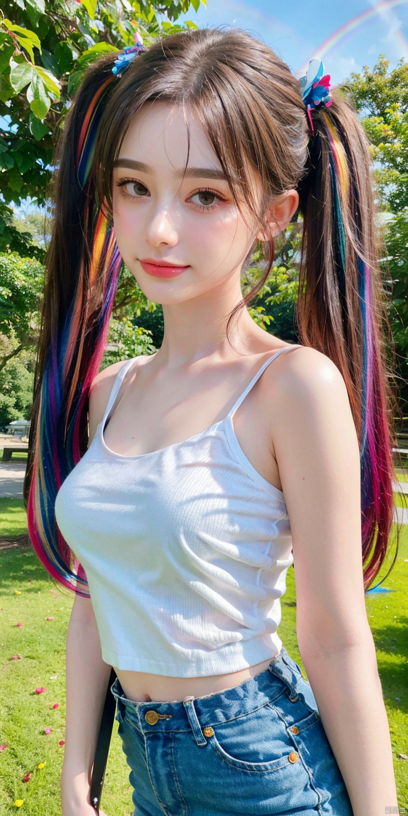  cowboy shot,(Good structure), DSLR Quality,Depth of field,kind smile,looking_at_viewer,Dynamic pose,、Butterfly Fairy、Metamorphosis、,（The gesture of presenting a bouquet、Holding a bouquet of flowers in your hands）、Morning park、、、 (8K, Photorealistic, Raw photo, Best Quality: 1.4), Beautiful face, (Realistic face), Beautiful detailed eyes, (Realistic skin), Attractive, Intricate details,Golden ratio, 1 girl,Naughty smile, (rainbow hair:1.4),((Long twintails,Ribbon 1.4)),,(Blue Butterfly Hair Ornament 1.3),
,Dynamic Pose,Dynamic Angle,Intricate details, Hyper realistic、Face enhancement、、Autumn Park、the morning sun、、rainbows, , ((poakl)), tasha,white Short top, sleeveless, short skirt
, 1girl