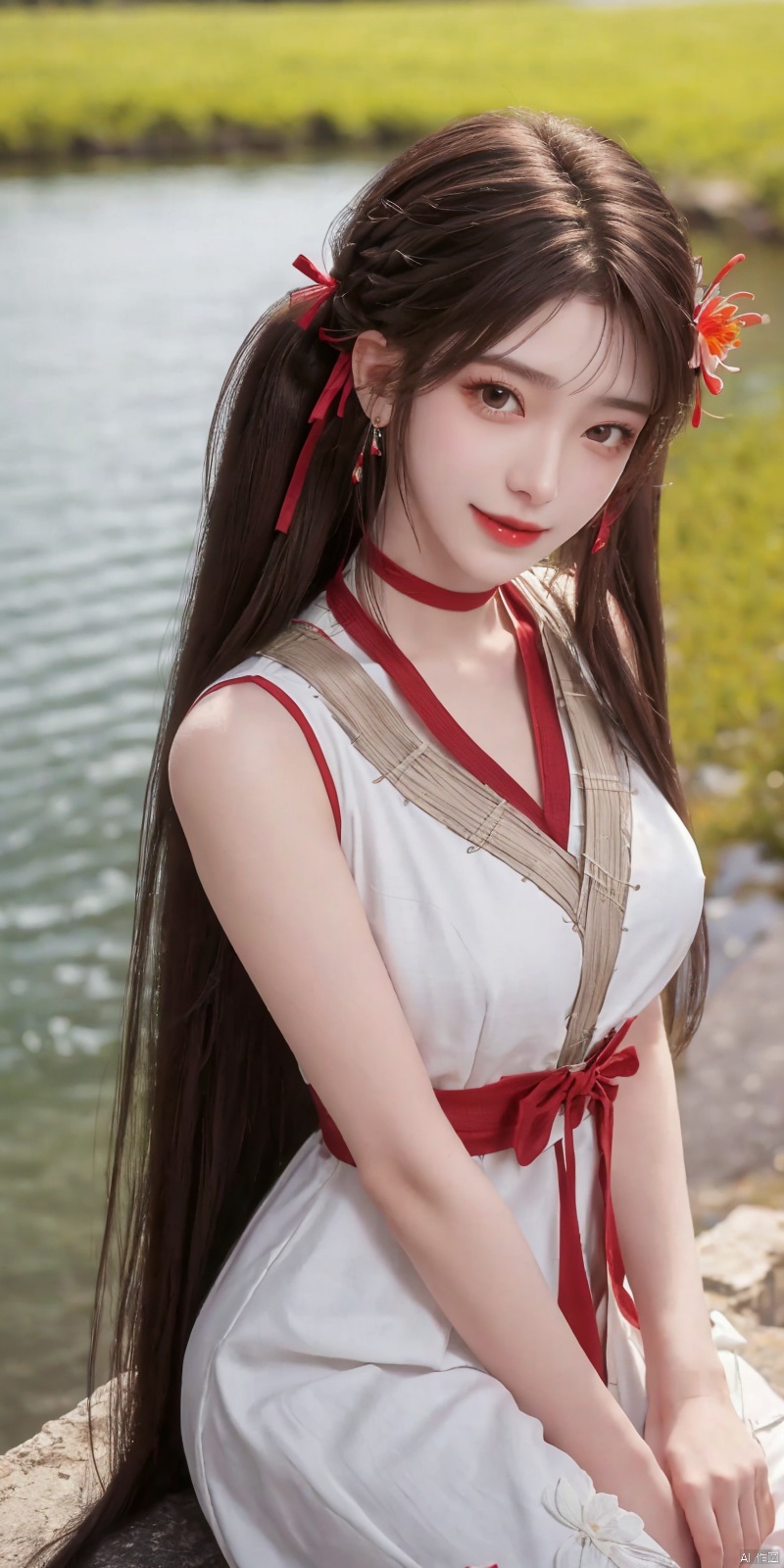 best quality, masterpiece, realistic,cowboy_shot,(Good structure), DSLR Quality,Depth of field,kind smile,looking_at_viewer,Dynamic pose, 
1girl, solo, long hair, breasts, looking at viewer, bangs,   hair ornament, dress, ribbon,  , bare shoulders, twintails, jewelry, medium breasts, sitting, very long hair,  collarbone, hair ribbon, flower, thighs, earrings, outdoors, parted lips, sleeveless, choker, hand up, hair flower, water,  white dress, bare arms, petals,  , sleeveless dress, black choker, short dress, frilled dress, white flower, purple ribbon, spaghetti strap,
 ,huolinger