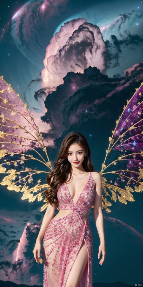  (Good structure), DSLR Quality,Depth of field,kind smile,looking_at_viewer,Dynamic pose, 1girl, wings, solo, nebula wings, breasts, , long hair, navel, dress, pink wings, looking at viewer, star \(sky\), , , bare shoulders, sky, starry sky, collarbone, realistic, nebula, ((poakl)),, angel, blue dress