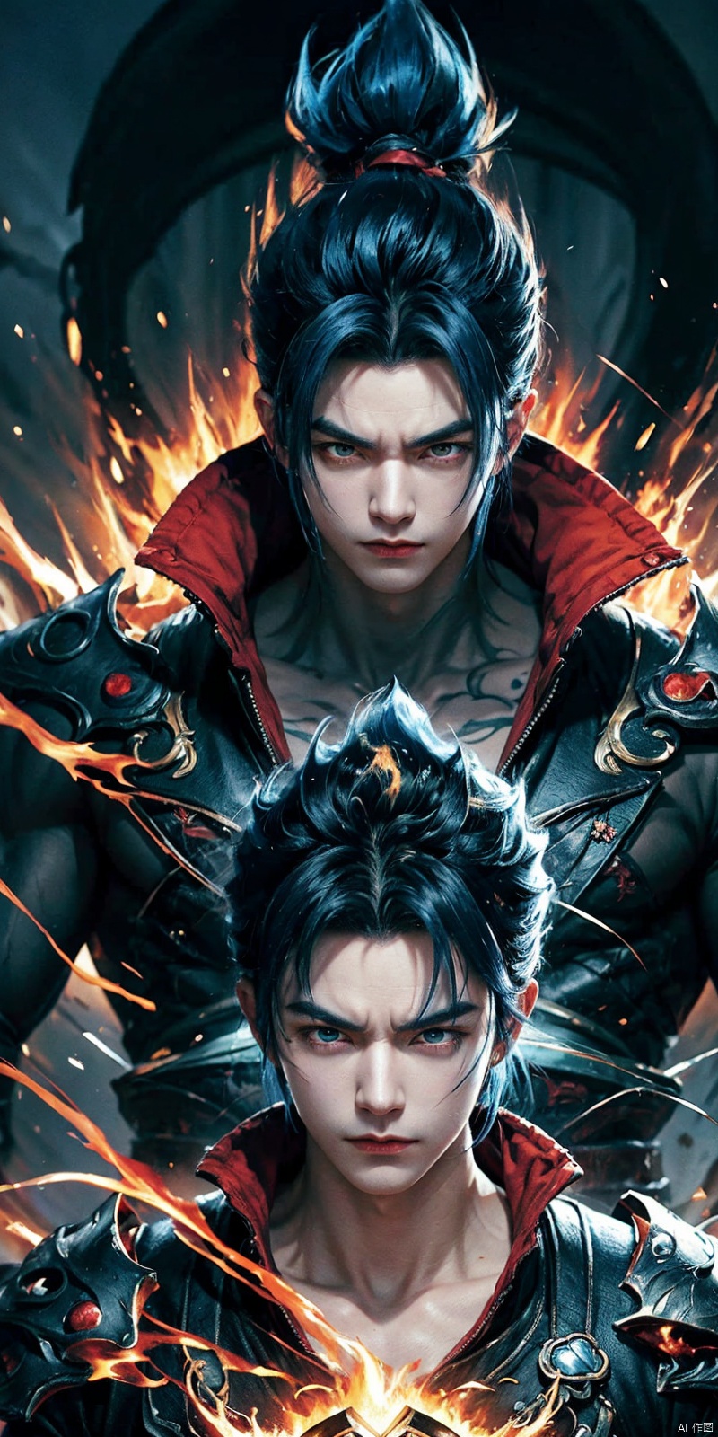  Get ready for a visual feast with Gohan having a handsome face and piercing red eyes, Brilliant blue hair and tattoos, Balanced character portraits and landscapes, and a perfect body. In his transformed state, He radiates extreme instinct and strength, Create an epic anime about this energy man. Fire and lava in stunning anime artwork will leave you in awe. This conceptual art is directly from the Universe, With manga-style 8K wallpapers that will take you to another dimension. Get ready to be amazed by this detailed digital anime artwork, Show the ultimate combination of style and strength., asuo,1boy
