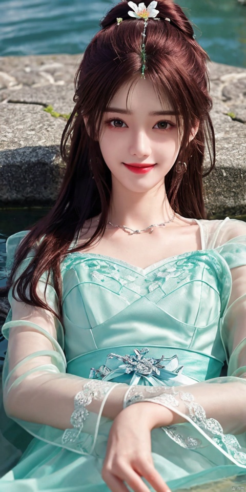  best quality, masterpiece, realistic,,(Good structure), DSLR Quality,Depth of field,kind smile,looking_at_viewer,Dynamic pose, 
1girl, solo, long hair, looking at viewer, bangs, brown hair, long sleeves, dress, ribbon, green eyes, collarbone, hair ribbon, flower, outdoors, lying, parted lips, puffy sleeves, on back, water, white dress, red ribbon, parted bangs, petals, white flower, partially submerged, layered sleeves, short over long sleeves, , yeqinxian