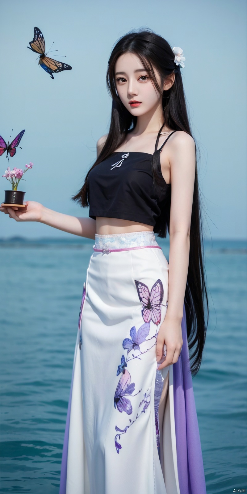  line art,line style,as style,best quality,masterpiece, The image features a beautiful anime-style illustration of a young woman. She has long black hair and is dressed in a traditional Chinese outfit. The outfit consists of a white top with blue and purple accents, a long skirt, and a butterfly-shaped mirror in her hand. She stands against a backdrop of a clear blue sky and a body of water, with butterflies fluttering around her. AI painting pure tag structure: anime, art, illustration, traditional clothes, blue, white, long hair, black hair, butterfly, mirror, sky, water, dililengba