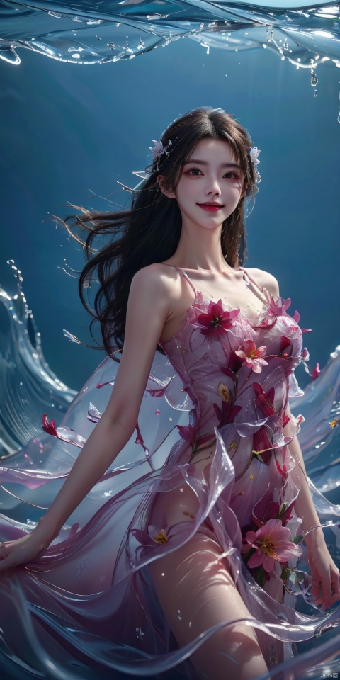  best quality, masterpiece, cowboy_shot,(Good structure), DSLR Quality,Depth of field,kind smile,looking_at_viewer,Dynamic pose, 
(ice art, translucent forms, ephemeral beauty, crystalline textures, delicate craftsmanship, chilling allure),sea,wave,liquid clothes,dress, water dress,,pose for picture,long_hair,kind smile,, liquid clothes, , sd mai, , flower,red flowers, qingyi