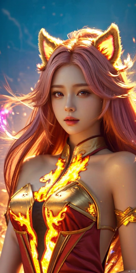  masterpiece, 1 girl, Look at me, Long hair, Flame, A magical scene, glowing, Floating hair, realistic, Nebula, An incredible picture, The magic array behind it, Stand, textured skin, super detail, best quality, ,,dress, ((poakl)), yae miko,purple eyes, pink hair, animal ears, bare shoulders, fox ears, heart, , long hair, , hair between eyes,