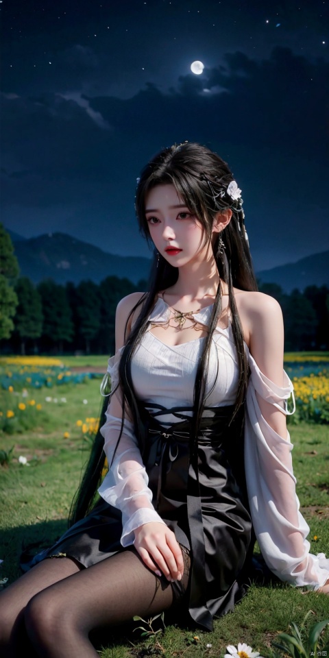   (Good structure),cowboy_shot,Girl in the Flower Field of Lycoris. Sitting in a clearing. 
Long elaborate hairstyle with loose hair and braids, Beautiful hair clips. Burgundy lipstick.
Long fluffy black and burgundy luxury dress,crop top , Elegant clothes. 
 Lycoris petals fly in the wind. 
Esthetics. Good Quality. 
Night., more_details, , starrystarscloudcolorful, moon, night, moonlight, beautiful starry sky,qingyi, blackpantyhose