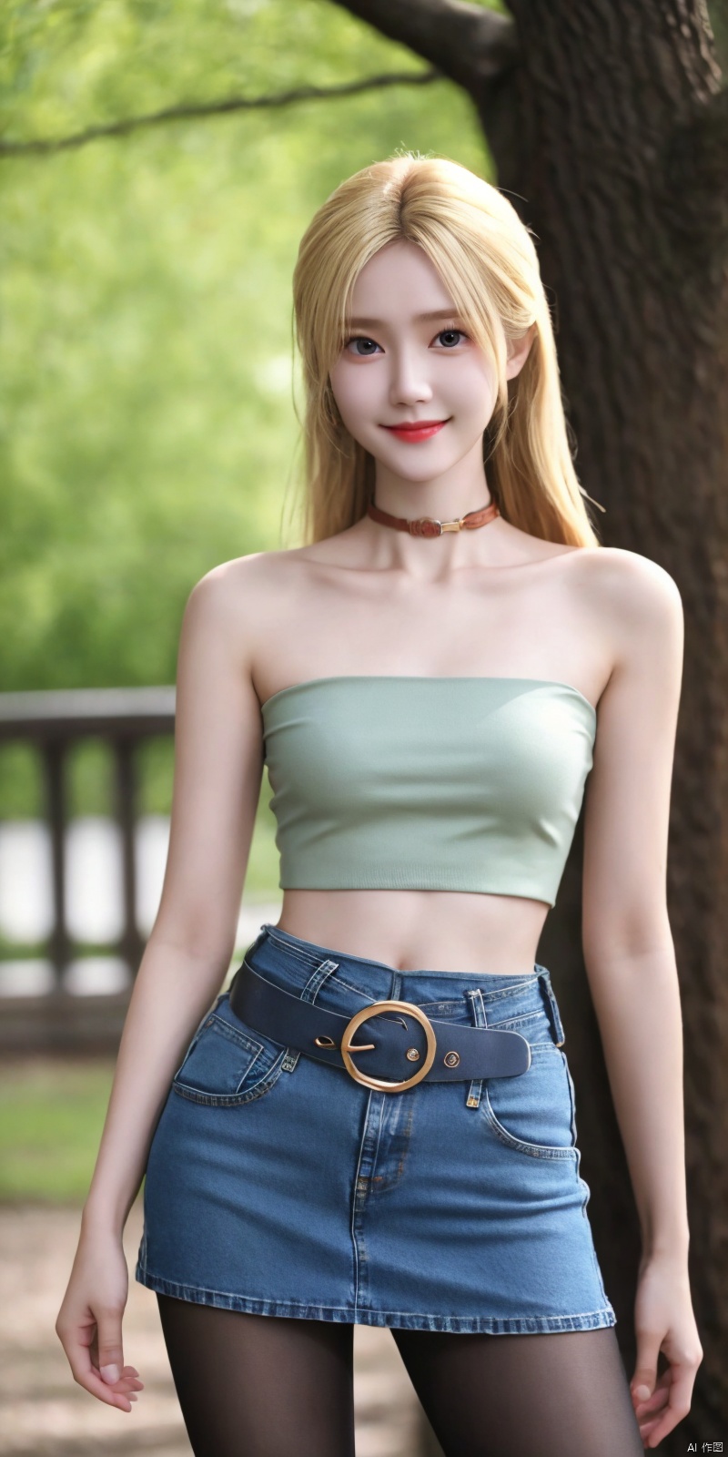  best quality, masterpiece, cowboy_shot,(Good structure), DSLR Quality,Depth of field,kind smile,looking_at_viewer,Dynamic pose,
 1girl, 3d, bare_shoulders, belt, blurry, blurry_background, blurry_foreground, branch, , , , collarbone, cosplay_photo, denim, denim_skirt, depth_of_field, , lips, long_hair, looking_at_viewer, midriff, miniskirt, motion_blur, navel, outdoors, photo_\(medium\), realistic, skirt, solo, standing, tree, , , , blackpantyhose, , ,  , qianrenxue,blond_hair