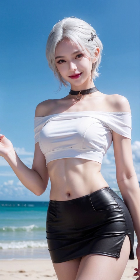 best quality, masterpiece, realistic,cowboy_shot,(Good structure), DSLR Quality,Depth of field,kind smile,looking_at_viewer,Dynamic pose, 
,Short skirt,Blue sky, white clouds, ocean, nai3, 1girl, solo, crop top, , choker, navel, shirt, midriff, crop top overhang, looking at viewer, white shirt, jewelry, breasts, bare shoulders, off-shoulder shirt, off shoulder, black choker, thighs, stomach, long hair, bracelet, short sleeves, ribbon, hand up, collarbone, hair ribbon, medium breasts, , bra strap, , hair ornament, thigh gap, necklace, expressionless, , ,kind smile, , , , ,jiuhuangnv,white_hair,short_hair