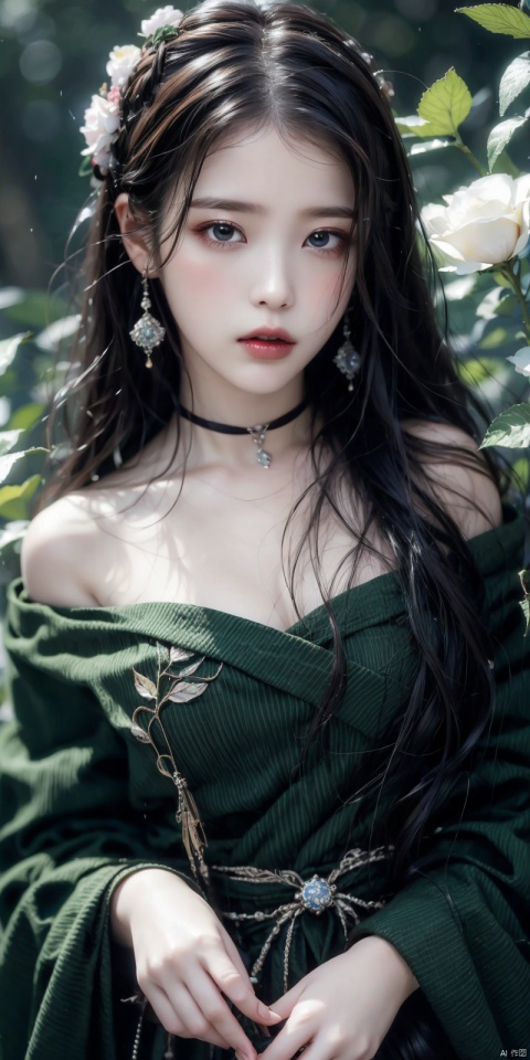  A girl, silk, cocoon, spider web, Solo, Complex Details, Color Differences, Realistic, (Moderate Breath), Off Shoulder, Eightfold Goddess, Pink Long Hair, White Headwear, Hair Above One Eye, Green Eyes, Earrings, Sharp Eyes, Perfect Fit, Choker, Dim Lights, cocoon, transparent, jiBeauty, 1girl, flowers, mtianmei, Look at the camera., flowing skirts, Giant flowers, good hands, dofas, lizhien, ((poakl))