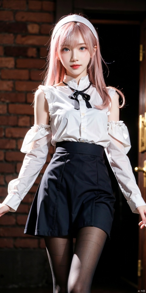 cowboy shot,(Good structure), DSLR Quality,Depth of field,kind smile,looking_at_viewer,Dynamic pose,,
1girl, solo, looking at viewer, blue eyes, long hair, pink hair, blunt bangs, ahoge, , blush, shy, , raised eyebrows, :<, spoken blush, dark blue nun attire, juliet sleeves, tight skirt, black pantyhose, torn dress, torn pantyhose, torn veil, walking, , in the dungeon, dungeon, blurry background, depth of field,, night, dim, dutch angle, bestquality, ultra detailed, masterpiece