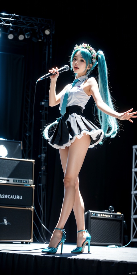  (Good structure),ps \(medium \), 1 girl, high quality, best quality, Hatsune Miku, blue hair, small breasts, long hair, (prominent pupil :1.2), (, flower, gilt decoration, high heels, floral headdress), (Singing, microphone, holding microphone in both hands, sad mood), (stage, large outdoor stage, dim, Spotlight, breeze, fluttering hair), (whole body 1.8), night, stretch legs, (face :2.0), (side face 1.8), pose, (playing electricity guitar:1.4), (Passers-by, spectators, blur:1.3)
, Hatsune Miku, long hair, looking at the audience, tie, open mouth, pleated skirt, shirt, skirt, sleeveless, sleeveless shirt, solo, speech bubble, thigh high heels, , very long hair, first tone future,
 ,chuyinweilai,twintails,aqua hair, 1girl, ((poakl))