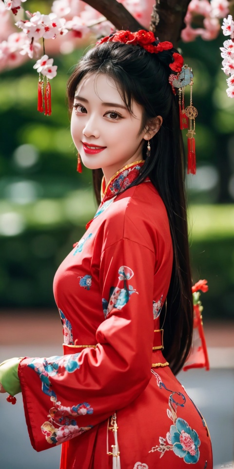  best quality, masterpiece, realistic, ,(Good structure), DSLR Quality,Depth of field,kind smile,looking_at_viewer,Dynamic pose, 
1girl, solo, long hair, 
,fengguanxiapei,dress,chinese clothes,red dress,traditional clothes, zhulin