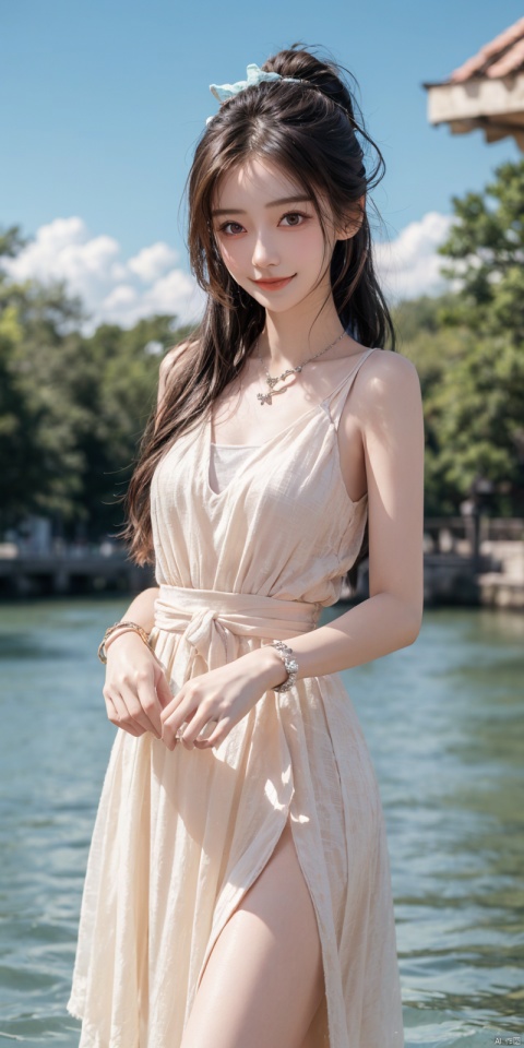  best quality, masterpiece, realistic, ,(Good structure), DSLR Quality,Depth of field,kind smile,looking_at_viewer,Dynamic pose, 
1girl, solo, long hair, , looking at viewer, blush, , bangs, blue eyes,, dress, bow, , bare shoulders, jewelry, very long hair, collarbone, ponytail, white hair, hair bow, thighs, outdoors, sky, sleeveless, day, cloud, water, necklace, white dress, hair over one eye, bracelet, blue sky, blue bow, wading, pendant, doll, skirt hold, rainbow, anastasia \(fate\), ,  , , angel