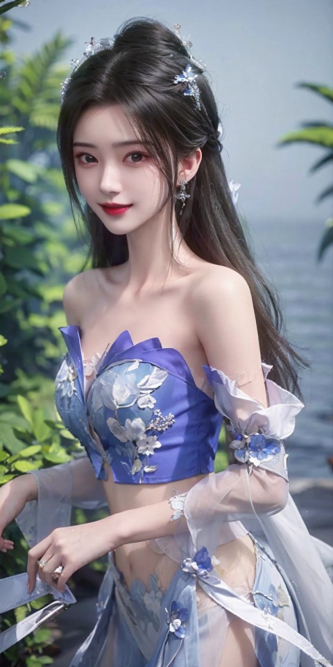  (Good structure),cowboy_shot, DSLR Quality,Depth of field ,looking_at_viewer,Dynamic pose, , kind smile,,
1girl, solo, long hair, , looking at viewer, skirt, hair ornament, bare shoulders, jewelry, , black hair, earrings, outdoors, midriff, water, necklace, lips, crop top, grey eyes, leaning forward, ocean, white skirt, strapless vest, sunset, sun, , , , , weddingdress, limuwan