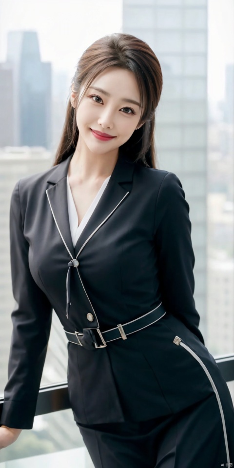  best quality, masterpiece, cowboy_shot,(Good structure), DSLR Quality,Depth of field,kind smile,looking_at_viewer,Dynamic pose, 
Modern businesswoman, dressed in a sleek suit and tie, posing confidently in a modern office setting, cityscape view through the window, focused expression, powerful pose, professional attire, realistic lighting, sharp focus.,lichun