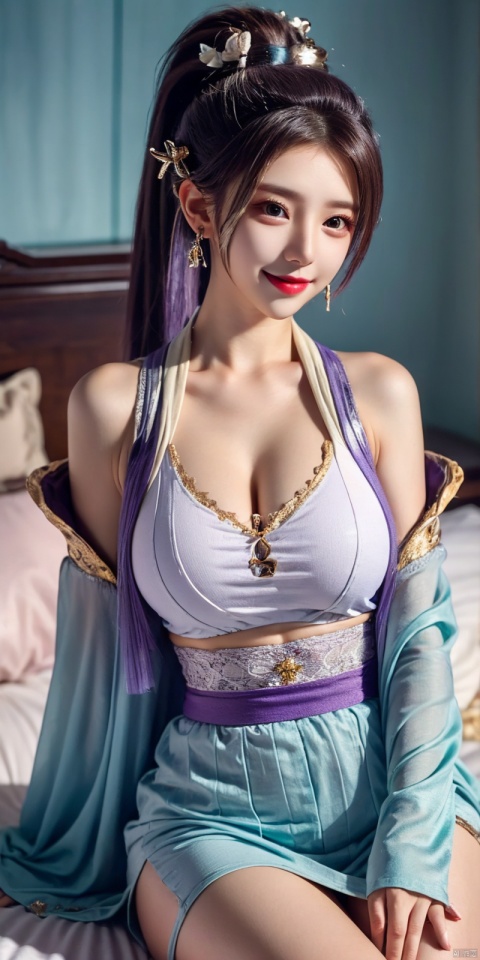  (Good structure), DSLR Quality, cowboy_shot, 1girl, Lace skirt, on Stomach, bed,aqua_earrings,chang, ((poakl)),kind smile, hanyue, high ponytail, purple hair,