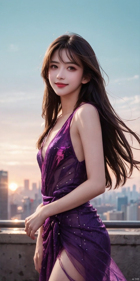  best quality, masterpiece, realistic,cowboy_shot,(Good structure), DSLR Quality,Depth of field,kind smile,looking_at_viewer,Dynamic pose, 
neonpunk style Neon noir leogirl,hANMEIMEI,realistic photography,,On the rooftop of a towering skyscraper,a girl stands,facing the camera directly. Behind her,a multitude of skyscrapers stretches into the distance,creating a breathtaking urban panorama. It's the perfect dusk moment,with the evening sun casting a warm glow on the girl's face,intensifying the scene's impact. The photo captures a sense of awe,with the sharpness and realism making every detail vivid and clear,Hair fluttered in the wind,long hair,halterneck, . cyberpunk, vaporwave, neon, vibes, vibrant, stunningly beautiful, crisp, detailed, sleek, ultramodern, magenta highlights, dark purple shadows, high contrast, cinematic, ultra detailed, intricate, professional, , , , , , dress, blue dress, , sufei