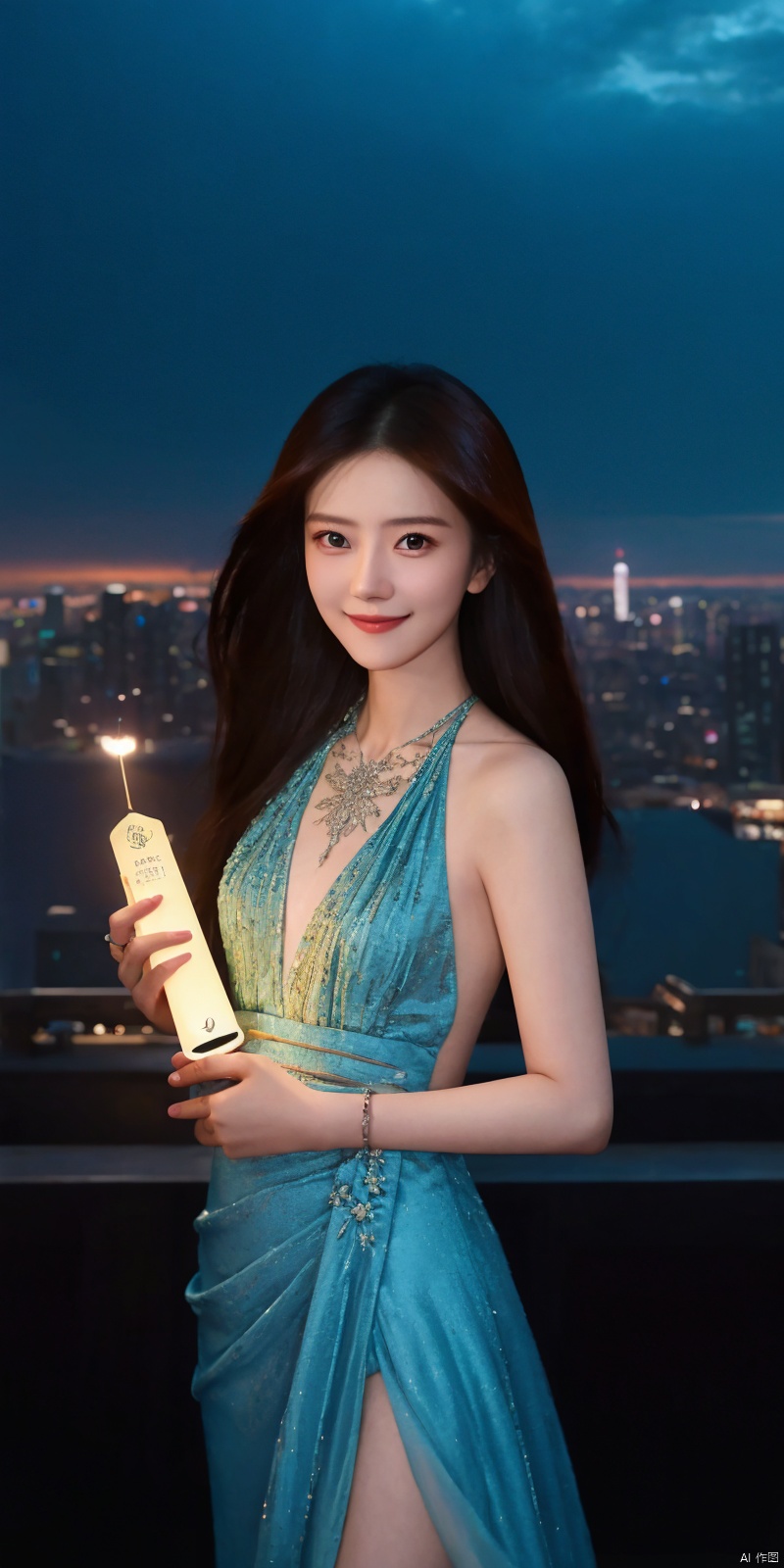  best quality, masterpiece, cowboy_shot,(Good structure), DSLR Quality,Depth of field,kind smile,looking_at_viewer,Dynamic pose, 
 （Front focus）,（in the darkness nigth：1.6）,Surrealist portraits ofwomenbyDavidHockneyandAlphonseMucha,Fantasyart,photographrealistic,动态照明,artstation,sportrait,daysies,depthoffields,独奏, 
（（tmasterpiece））Volumetriclighting,Very detailed faces,4 k,Award-Awarded, , 
,
neonpunk style Neon noir leogirl,hANMEIMEI,realistic photography,,On the rooftop of a towering skyscraper,a girl stands,facing the camera directly. Behind her,a multitude of skyscrapers stretches into the distance,creating a breathtaking urban panorama. It's the perfect dusk moment,with the evening sun casting a warm glow on the girl's face,intensifying the scene's impact. The photo captures a sense of awe,with the sharpness and realism making every detail vivid and clear,Hair fluttered in the wind,long hair,halterneck, . cyberpunk, vaporwave, neon, vibes, vibrant, stunningly beautiful, crisp, detailed, sleek, ultramodern, magenta highlights, dark purple shadows, high contrast, cinematic, ultra detailed, intricate, professional, ((poakl)), Light master,, ,, , dress,blue dress, 1girl,kind smile, , yuanyuan, wanglin, aimeibo