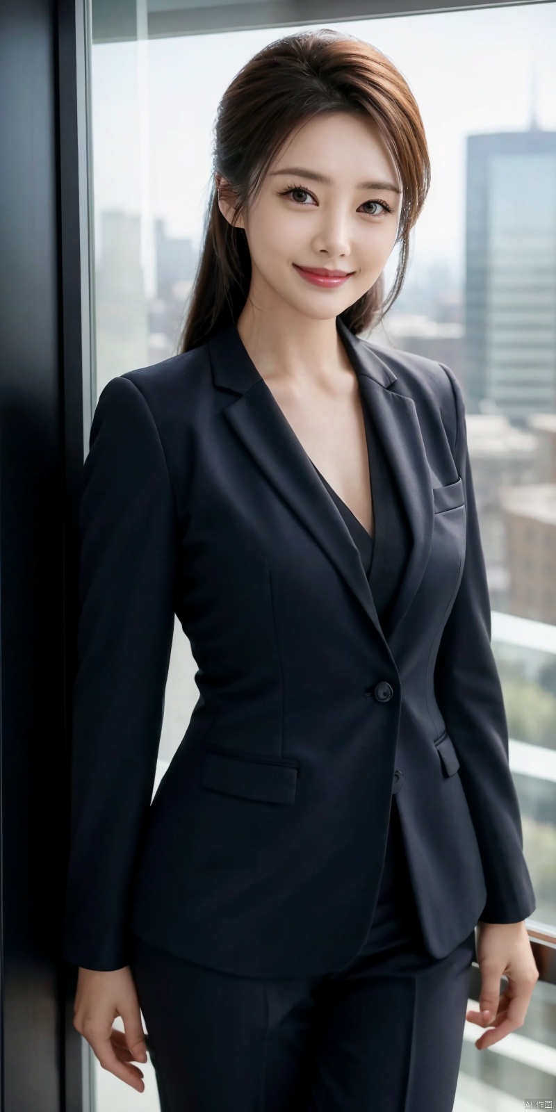  best quality, masterpiece, cowboy_shot,(Good structure), DSLR Quality,Depth of field,kind smile,looking_at_viewer,Dynamic pose, 
Modern businesswoman, dressed in a sleek suit and tie, posing confidently in a modern office setting, cityscape view through the window, focused expression, powerful pose, professional attire, realistic lighting, sharp focus.,lichun